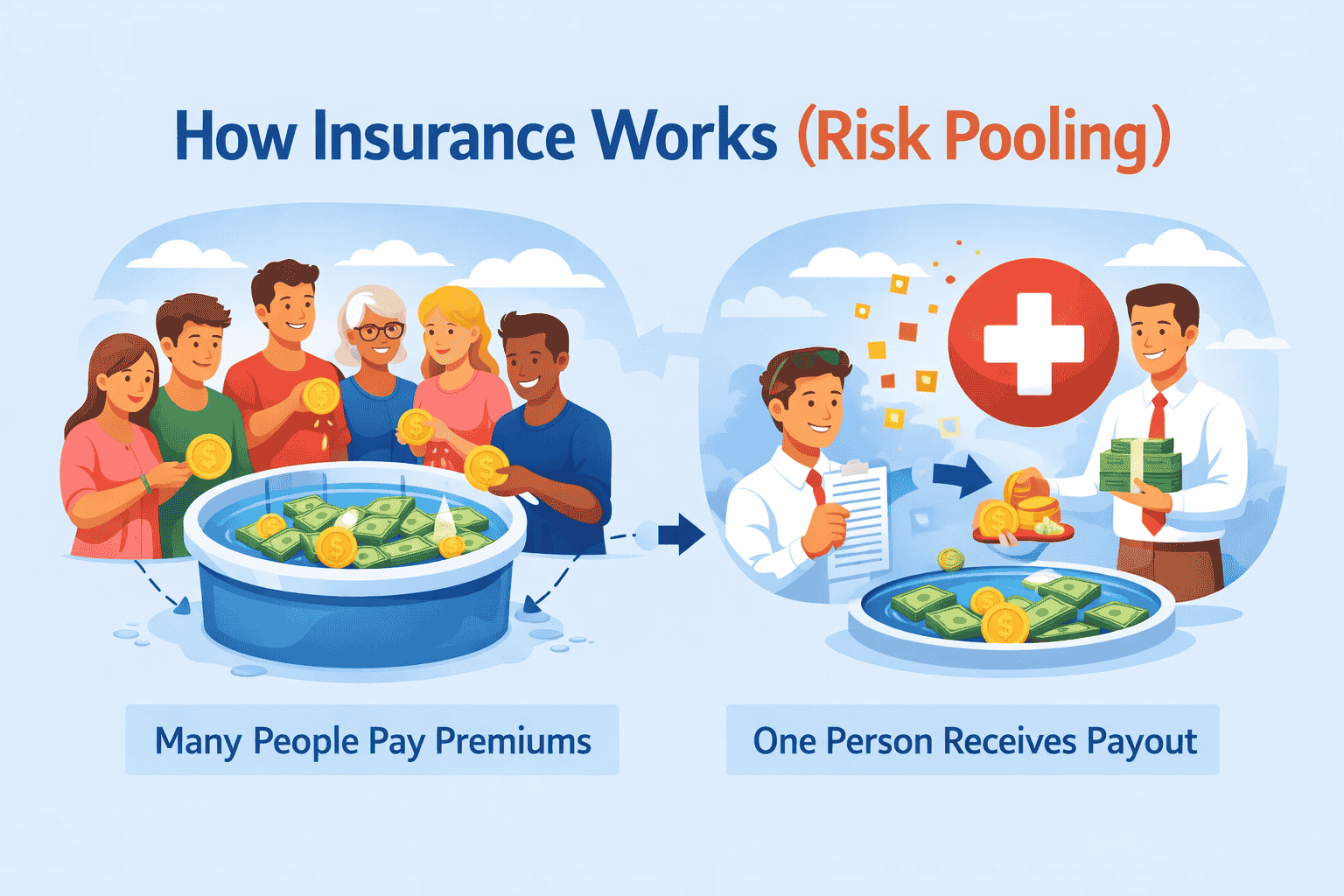 Many people pay premiums into a shared pool. Only some of them will need help each year. The money in the pool is used to cover the losses of those who face unexpected events.